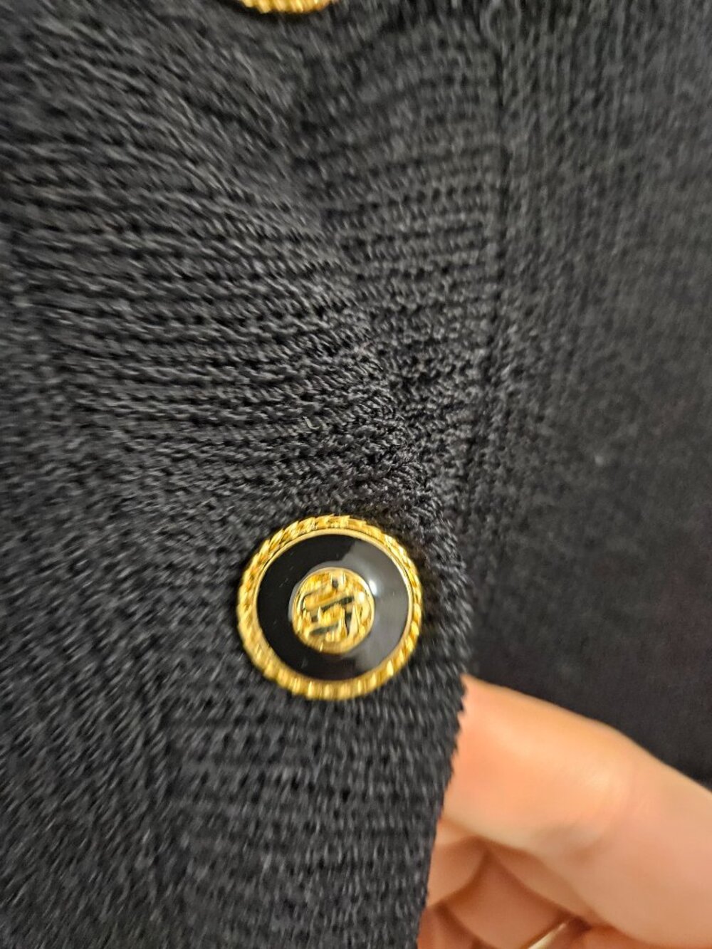Vintage St. John Santana Knit Black Midi Dress Sz L Gold Logo Buttons Pull-On - Picture 4 of 9